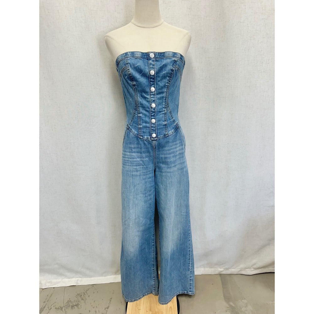 Pilcro Strapless Denim Corset Jumpsuit‎ Womens 6 Light Blue Wide Leg Corset - Picture 14 of 16